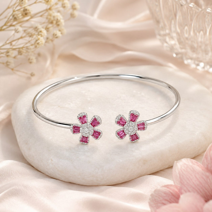 Pink Flower Silver Bracelet for Women #6.5•PM