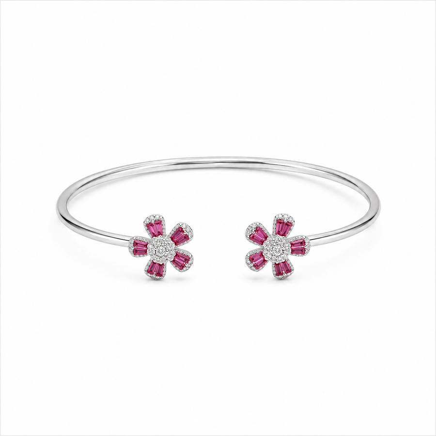 Pink Flower Silver Bracelet for Women #6.5•PM